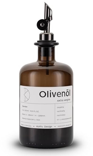 Koffs Design Ölflaschen zum Befüllen - Moderner Ölspender aus Braunglas mit Edelstahl Ausgießer – Spender für Öl und Essig - individuell bedruckbare Flaschen für jeden Inhalt - 500ml - Olivenöl