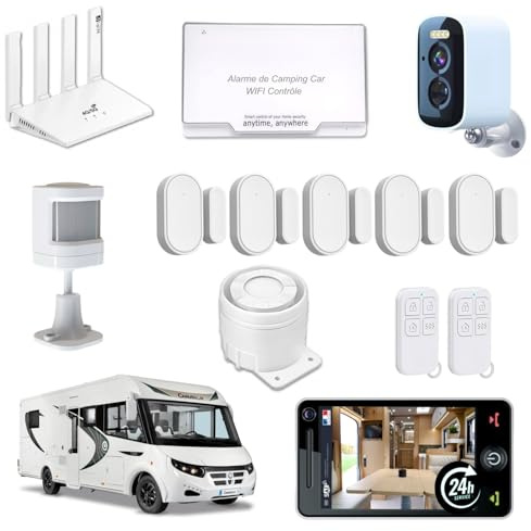 Alarme de Camping Car + Routeur WiFi 6 4G/5G + 1 Camèra de Surveillance 24h/24h – sans abonnement 2 Sirènes 125 DB - 5 Détecteurs d'ouvertures - 1 détecteur de Mouvement - 2 Télécommandes