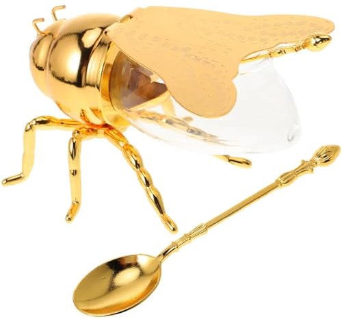 Ainovi Bee Shaped Glass Honey Jar Dispenser with Dipper Spoon – Honey Pot, Bee Honey Holder, Syrup Server, Spice Container & Sugar Jar, Dispenser Tea Caddy for Kitchen Décor & Gift