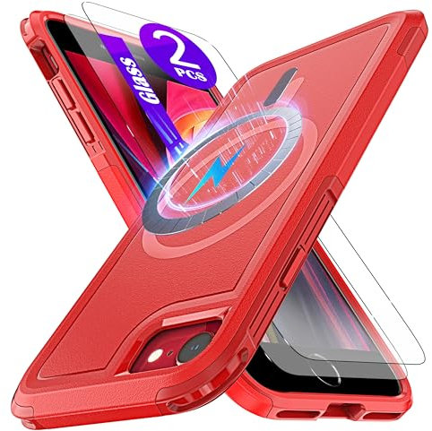 YmhxcY Magnetic for iPhone se 2020/iPhone 2022 Case 4.7-Inch,Compatible with MagSafe,[2 Pack Tempered Glass Screen Protector] Shockproof Military-Grade Protection case-Red