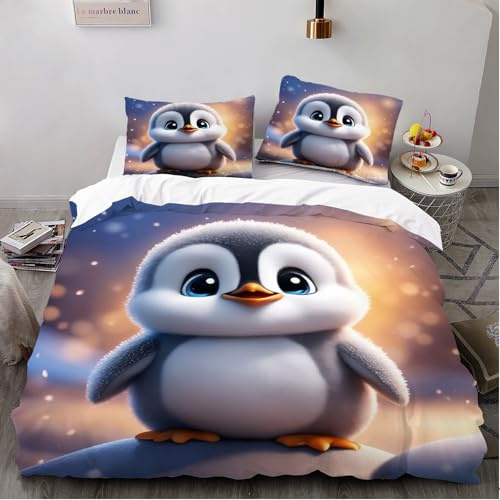 ZHDEDSP 3D Pinguin Bettwäsche-Set, 155x220 cm Bettbezug für Sommer mit 80x80 cm Kissenbezug, Mikrofaser, Hypoallergen, Reißverschluss