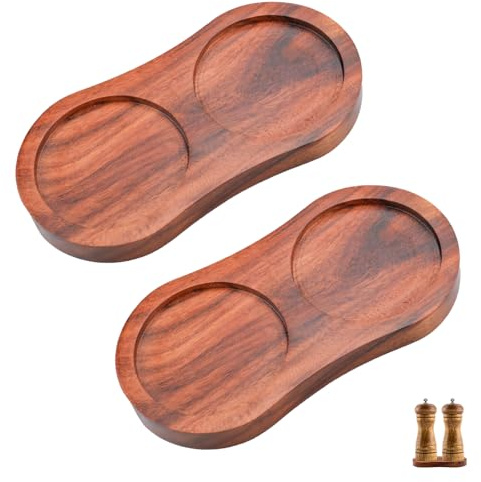 SenaiMy 2 Wooden Tray for Salt and Pepper Inner Dia 6.1 cm Small Acacia Wood Grinder Pepper Mills Seasoning Bottle Storage Tray Base Rest Home Dining Table Protector