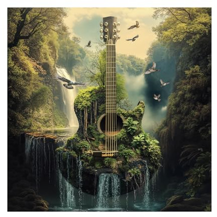 Guitar Forest Nature Puzzle 1000 Piece for Adults, Music Waterfall Scenery Jigsaw Puzzle Fantasy, Landscape Bird Plants Challenging Puzzles