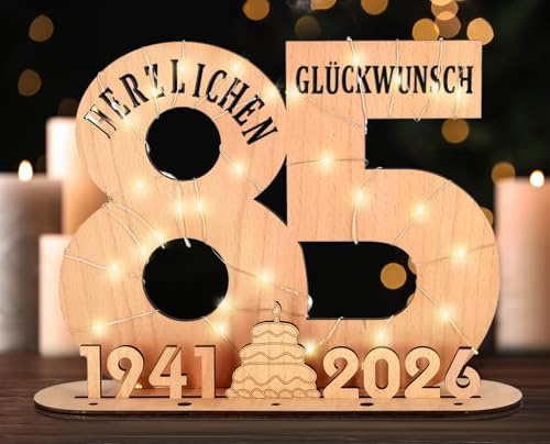 Giftota - 2026 Originelle 85 Geburtstag Geschenk Frauen & Männer - Geldgeschenke Geburtstag 85 mit LED Lichterkette Ständer - Holz-Schild Gästebuch - 85 Geburtstag Deko - Personalisierbares Geschenk