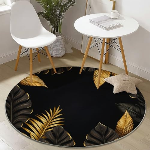 Kurzflor Teppich Rund 160 cm Moderne Luxuriöse Tropische Blätter Muster Terrassen Teppiche Dekorative Wohnzimmer Schlafzimmer Schwarz Gold Teppich, Anti-Rutsch Unterseite für Esszimmer Küche Innen