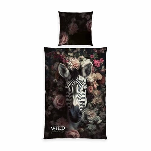 Herding Wild Flowers Bettwäsche-Set Zebra, 80 x 80 cm + 135 x 200 cm, mit Reißverschluss, 100% Baumwolle/Renforcé, Mehrfarbig