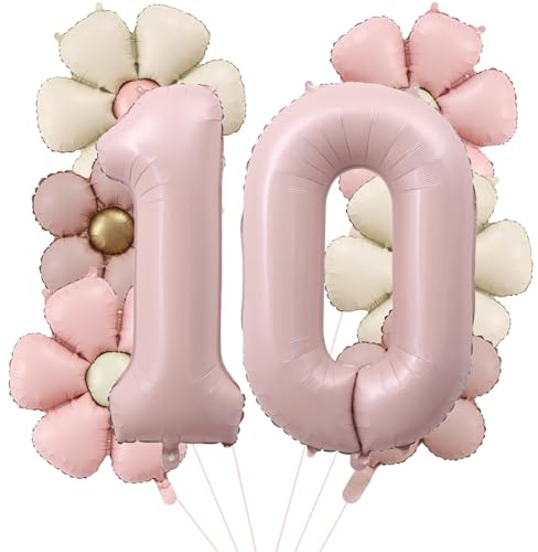 DazzJoy Geburtstagsdeko 10 Jahre Mädchen mit Gänseblümchen Folienballon, Luftballon 10. Geburtstag Mädchen, Luftballons Geburtstag 10 Jahre Mädchens, Zahlen Folienballon 10 Rosa