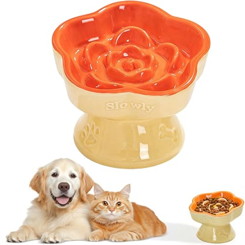 MEETOZ Raised Slow Feeder Cat Bowl, Ceramic Elevated and Cat Food Bowl Small Dogs Slow Feeder Bowl, Flower Shaped Cute Cat Bowl for Dry and Wet Food (Orange, 5.8)
