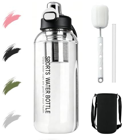 Trinkflasche Glas 1,5 Liter mit Strohhalm & Teesieb, Große Borosilikat Glasflasche Auslaufsicher, Wiederverwendbare Wasserflasche für Sport, Büro, Schule, Fitness & Camping (Schwarz, 1000 ml)