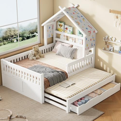 Soweiz Kinder Hausbett mit Rausfallschutz, Ausziehbett & Stauboxen, Holz Jugendbett 140x200cm Haus Bett für Kinderzimmer, Stabil Kinderbett mit Dach Design (Weiß)