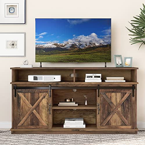 luckdect Meuble TV,Support Télé,2 Porte de Grange Coulissantes,4 Etagères Ouvertes,Longueur 150cm,Armoire Basse Moderne en Bois Salle de Séjour Intérieur pour Télévision jusqu'à 65 Pouces