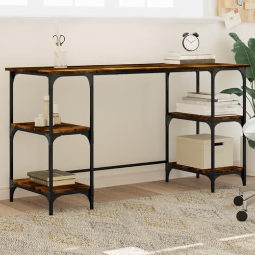 Générique Bureau d'ordinateur chêne fumé 140x50x75 cm, Cadre métal et Bois d'ingénierie avec étagères centrales Amovibles, Pieds réglables pour sols irréguliers, Fixation Murale Incluse
