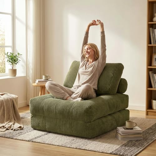 Faltbares Schlafsofa aus Hochflor mit Kopf-Lendenkissen, 96x192x40cm, Grün | Tragbares Klappsofa, Klappsofa mit Schlaffunktion, Mini Sofa Hochdichtem Stützschaum Für Kleine Räume Camping