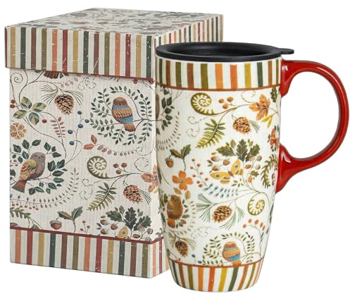 Topadorn Tall Mug de voyage en céramique avec couvercle hermétique 500ml (fleur, papillon et chouette), cadeau anniversaire