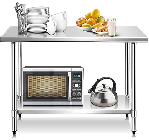 COSTWAY Edelstahl Küchentisch Arbeitstisch, Edelstahltisch mit Höhenverstellbarer Ablage, Zubereitungstisch Gastro Tisch, Ablagetisch für Küche Restaurant, Silber (122 x 61x 90cm)