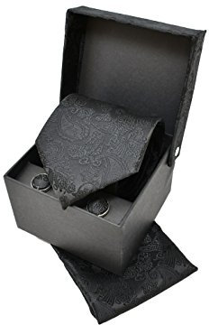 Sweet Leaf Coffret Ensemble Cravate Homme, Mouchoir de Poche, Boutons de Manchette Motif Cachemire/Paisley Noir - 100% en Soie - Classique, Elégant et Moderne -
