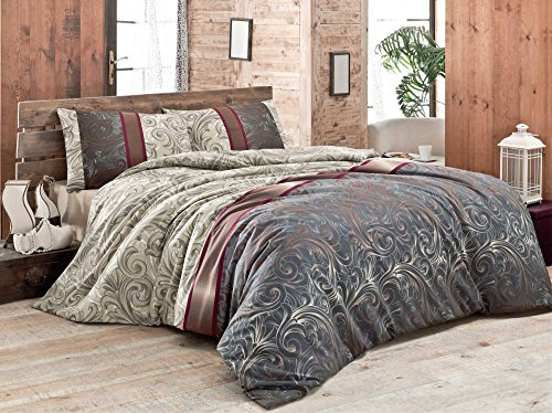 Nuit Des Rêves Single XL Quilt Cover Set (155 x 200 cm), 65% Cotton/35% Polyester, Machine Washable, 127 Thread Count, Cream, Black, Grey, Claret Red & White | Stylish & Cozy Design