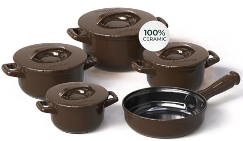 Pure Ceramic, Healthy, Non Toxic Cookware Set - Oven Safe Up to 1200F, Microwave and Dishwasher Safe, Longlasting and Lightweight - PFAS, PTFE, PFOA, PFOS - Cocoa Brown