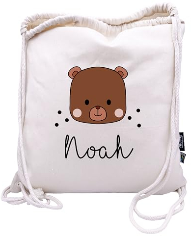 Bio Turnbeutel mit Namen personalisiert & Bedruckt | Motiv Bär | Stoffbeutel Schuhbeutel Sportbeutel Wäschebeutel Rucksack für Kinder Jungen & Mädchen | inkl. NAMENSDRUCK