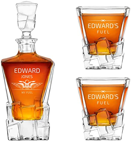 Maverton Personalised Whiskey Decanter and 2/4/ 6 Glasses for Man - Elegant Whiskey Set with Engraving - Ice Cubes Model - Stylish barware for Birthday - for Whisky connoisseurs - Fuel