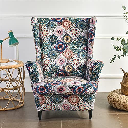 Highdi 2-Teilig Sesselbezug Ohrensessel Bezug mit Pastoraler Blumen Muster Sesselüberwürfe, Elastisch Antirutsch Sesselhusse Husse für Ohrensessel, Fernsehsessel, Relaxsessel (Mandala Plaid)