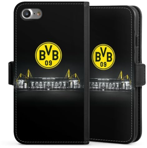 Klapphülle kompatibel mit Apple iPhone SE 2022 Handyhülle aus Kunst Leder schwarz Flip Case BVB Stadion Borussia Dortmund