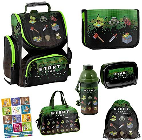 Game Pixel Schulranzen ergonomischer Ranzen Federmappe Turnbeutel Sporttasche Trinkflasche Brotdose Aufgabenheft für die Grundschule 7er-Set. Geeignet ab der ersten Klasse der Grundschule.