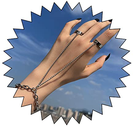 Yienate Silbernes Punkarmband Fingerkette 2 Offene Ringe Gliederkette Handgelenkkette Sklavenarmband Hip Hop Charme Handkettenarmband Schmuck Geschenk Für Frauen Und Mädchen