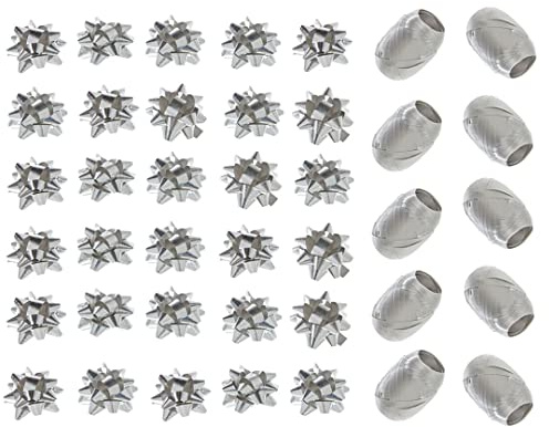Kissymix 40 Piece Silver Ribbon and Bow Pack - Silver Gift Wrapping Accessories with 30 Bows and 10 rolls of Curling Ribbon for Birthday