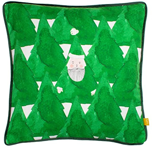 furn. Hide and Seek Santa Polyester Filled Cushion (Green - 43x43cm) | Christmas Santa Christmas Trees Velvet Piped Festive Seasonal Pillow