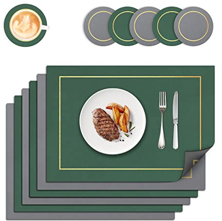 RIWNNI Tischsets PU Leder 6er Set, Platzsets und Untersetzer Set, Abwaschbar Lederoptik Doppelseitigen Platzdeckchen, Wasserdicht Hitzebeständig Kunstleder Tischset, Esstisch Unterlage, Grün/Grau