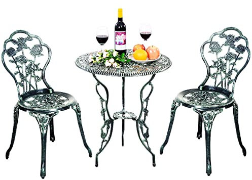 RELAX4LIFE Set di Tavolo e 2 Sedie da Giardino, in Fusione di Alluminio e Ghisa Antiruggine, Stile Rococò con Rose e Decorazioni Squisite, Foro per Ombrellone, da Esterno (Modello 2)