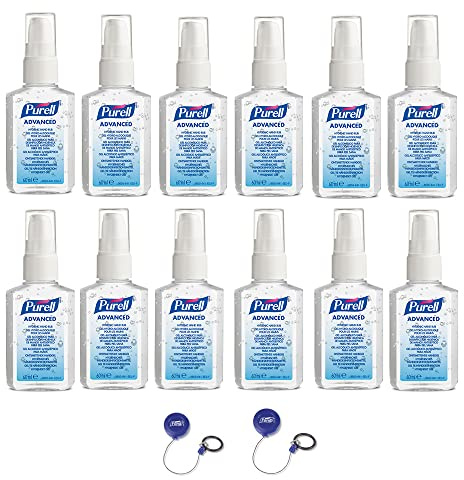 PURELL ADVANCED HAND SANITISER GEL 60mL x 12 Pack. Portable Pump Bottle, with 2 x PURELL PERSONAL Gear Retractable Clip