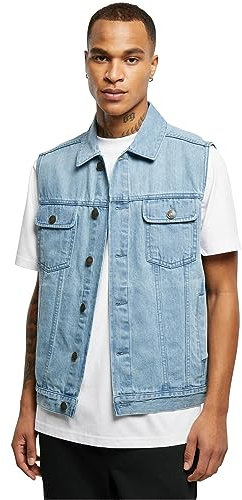 Urban Classics Herren Denim Vest – Jeansweste aus Baumwolle mit Knopfleiste, Brusttaschen und Kragen, ärmellose Weste für Streetwear, Freizeit & Alltag, Lighter Washed, 3XL