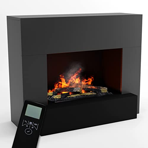GLOW FIRE Wasserdampf Kamin HAUPTMANN (Standkamin) - Elektrokamin mit realistischen LED 3D-Flammen, Knistereffekt & Fernbedienung, 110x90x45 cm - Opti-Myst 600 Elektro Kamin mit Holz-Deko, Grau