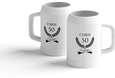 easyprint Bierkrug personalisieren mit Name + Geburtsdatum | Lorbeerkranz | 0,3 • 0,5 • 1 Liter | selbst gestalten | Humpen | Bierseidel | Maßkrug | Bierglas (500 ml Krug)