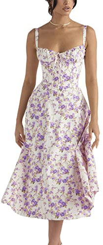 Onsoyours Bustier Vestiti Donna Floreale Stampa Casuale Sexy Spacco Abito Senza Spalline Elegante Lungo Abiti a Corsetto Vestito da Spiaggia Banchetto Sera B Viola Fiore L