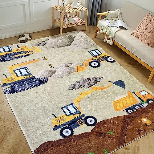 USTIDE Konstruktionsteppiche für Jungenzimmer, groß, niedlich, Kinderspielteppich, Baggerteppich, weich, rutschfest, Kinderteppiche für Spielzimmer, Schlafzimmer, Wohnzimmer, Kinderzimmer,