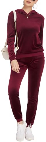 Hotouch Damen Jogginganzug Velours Winter Warm Sportanzug Hausanzug Jumpsuit Tracksuit Kapuzenpullover und Hose Trainingsanzug mit Taschen Weinrot XL