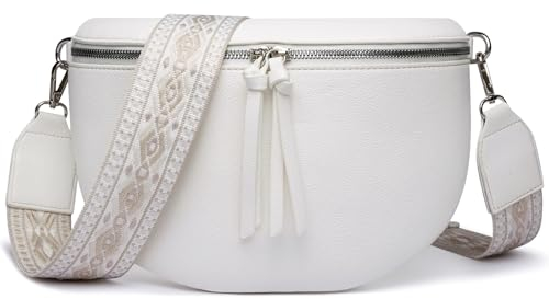 FOMAX Bauchtasche Damen, breiter Schulterriemen im Bohemian Style, extra Reißverschlussfach, silberner Doppel-Reißverschluss, Cross Body Umhängetasche Schultertasche