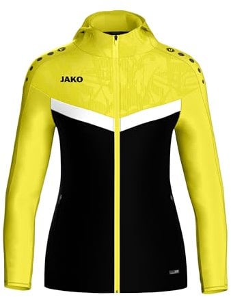 JAKO ICONIC Kapuzenjacke Gr. 40 Schwarz/Soft Yellow - Zipper Hoodie Damen, Bequeme Sweatjacke mit Keep Dry Funktion aus 100% recyceltem Polyester
