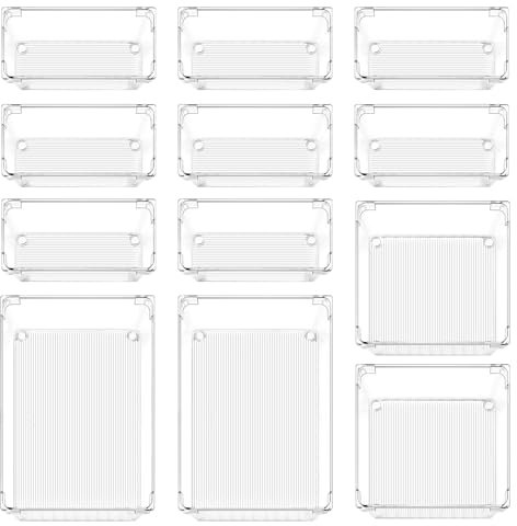 CALIYO 12 Stücke Schubladen Ordnungssystem Set, Schminktisch Organizer Klar Kunststoff, Badezimmer Organizer Einsetzbar für Makeup, Küchen, Bad, Büro