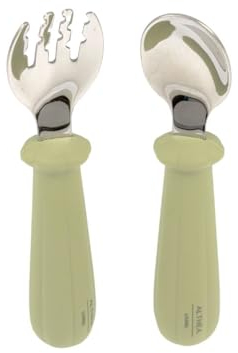 Althea Living - Juego de cubiertos: tenedor y cuchara ergonómicos, protección antiasfixia, acero inoxidable y silicona alimentaria (Verde oliva)