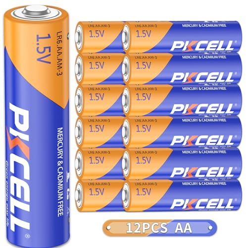 PKCELL AA LR6 Batteries, 1.5V Alkaline Battery AA Batteries for Keyboards Clocks Remote Controls, Pack of 12