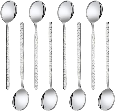 QLFJ-FurDec Esslöffel Stück, Runder löffel 20,5cm Länge, Silberne Koreanische Edelstahllöffel mit Spiegelpolitur und Rautenmuster, Langer Teelöffel Premium Dessertlöffel für Partys (8pcs-20.5cm)