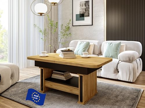 DA-555 Couchtisch Eiche Gold / Schwarz matt ausziehbar höhenverstellbar mit Schublade 120/200 cm modern Wohnzimmertisch Esstisch abgerundete Ecken Sofatisch platzsparend hochwertig Wohnzimmer