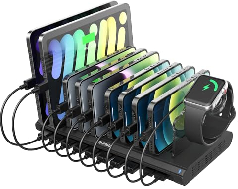 SUIDEK Ladestation für mehrere Geräte, 120W PD Ladestation mit QC 3.0 & PD 60W/18W Anschluss, USB Ladestations 10 Port Schnellladedock für Laptop, Tablet, Telefon und mehr