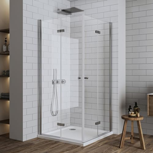 LUXESPIRE Duschkabine MIT Duschwanne und Ablaufgarnitur 80x80cm Eckeinstieg mit 180° faltbarer Tür Duschtür Falttür Duschabtrennung Duschwand 6mm ESG Sicherheitsglas Eckdushe Höhe 185cm
