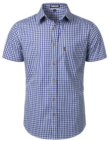 PARKLEES Men's Casual Plaid Button Down Shirt Cotton Short Sleeve Gingham Dress Shirts Regular Fit with Pocket Navy Gingham Large