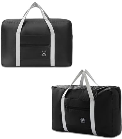WUMUZAI Faltbare Reisetasche mit Trolleyhülle, leicht, zusammenklappbar, Gepäcktaschen für Reisen, faltbare Nachttasche, Wochenendtasche für Damen und Herren, 2 Stück, Schwarz , Faltbare Reisetasche